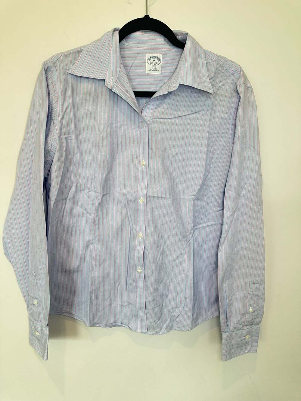 Brooks Brothers Fitted Non Iron Striped Shirt womens Size 14 Blue Pink